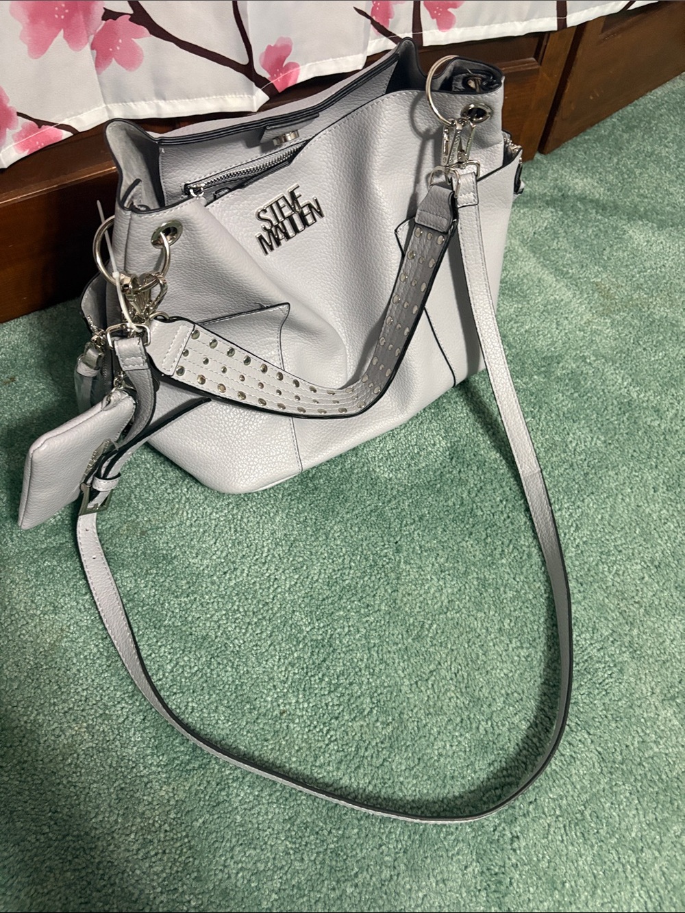 Steve Madden Light Gray Pebbled Leather Shoulder Tote with Silver Hardware